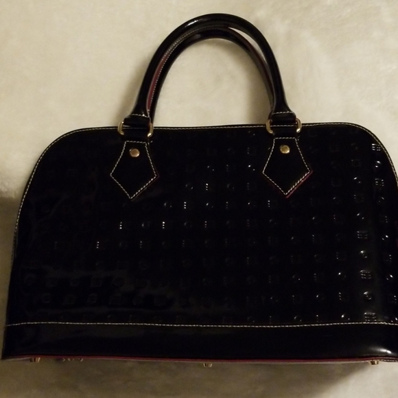 arcadia black patent leather purse